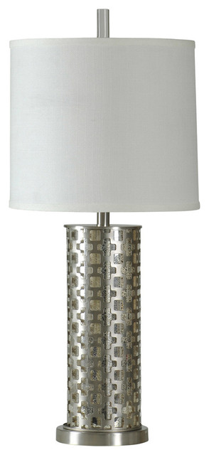 Brushed Steel Transitional Lamp with Night Light Fabric Shade