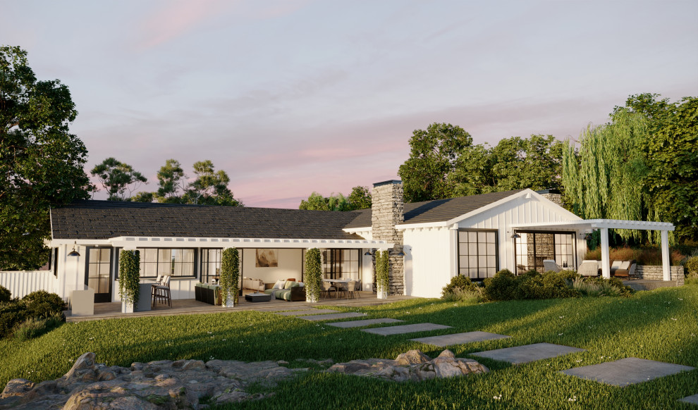 Design ideas for a white and large traditional bungalow detached house in Los Angeles with stone cladding, a pitched roof, a tiled roof, a grey roof and board and batten cladding.