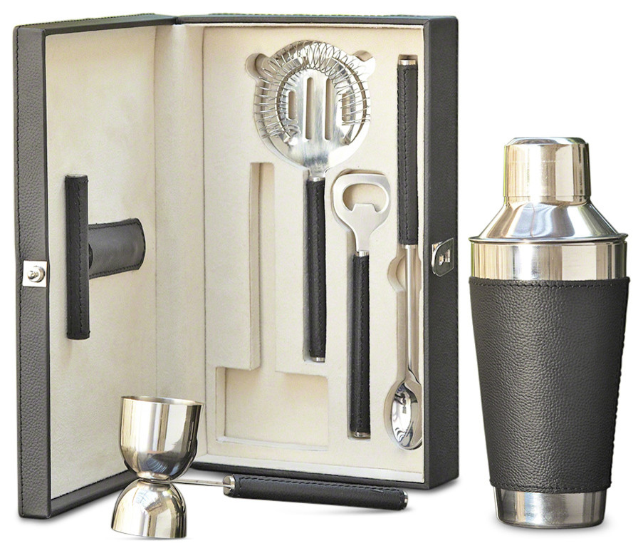 Boxed Bar Tool Set Leather Black And Stainless Steel With Shakers