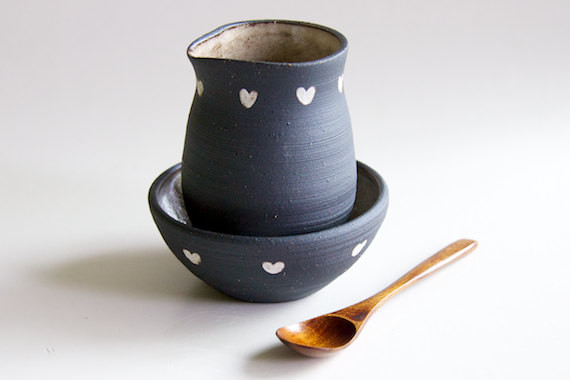 Black and White Creamer and Sugar Bowl, Hearts by RossLab