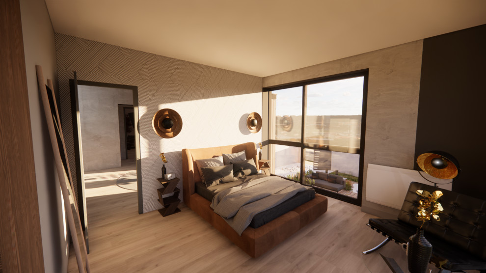 This is an example of a medium sized eclectic bedroom in Dijon with grey walls, light hardwood flooring, no fireplace and beige floors.