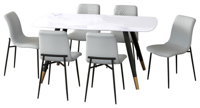 7-Piece Dining Set, White Table With Light Gray Chair