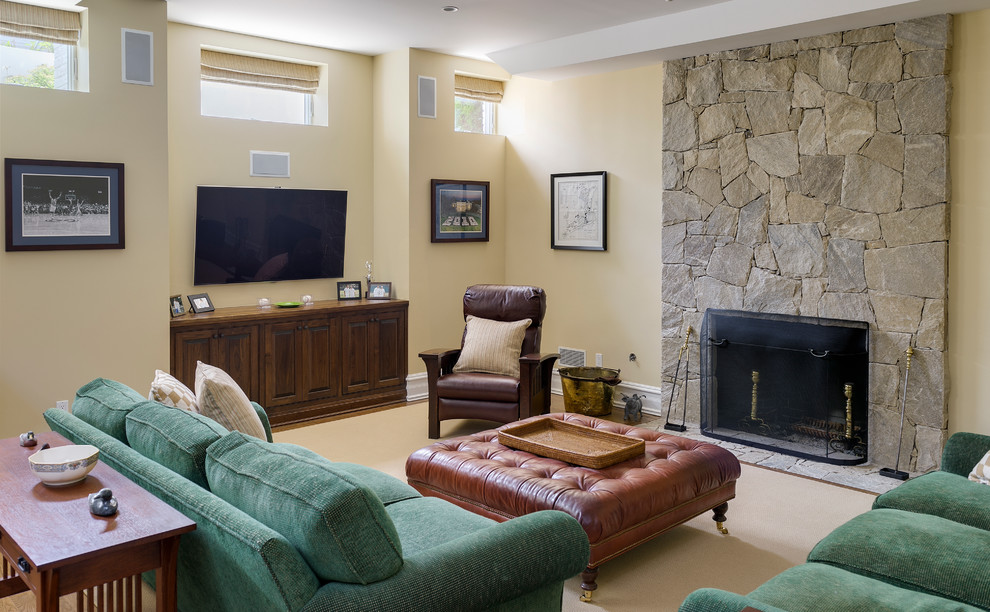 Mid-sized transitional formal enclosed living room in New York with yellow walls, carpet, a standard fireplace, a stone fireplace surround and a wall-mounted tv.
