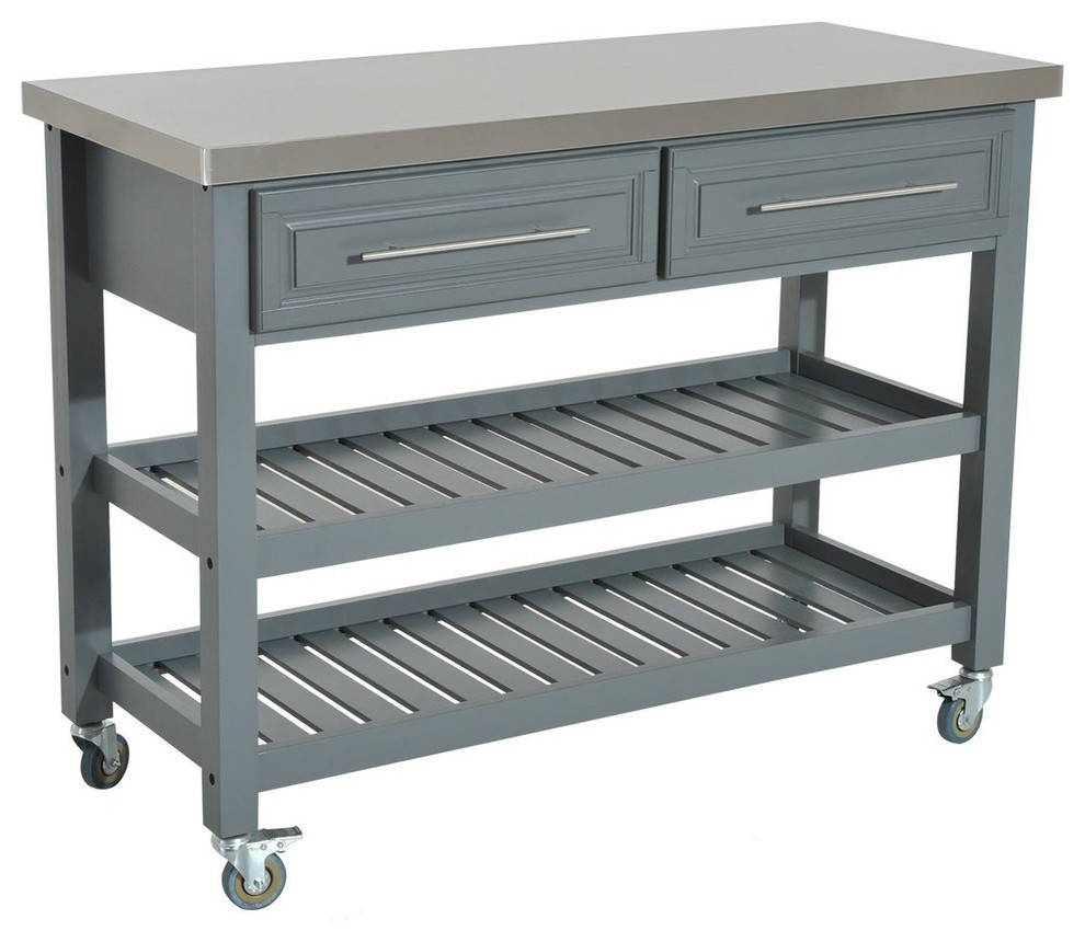 Rolling Kitchen Cart With Stainless Steel Top 2 Drawer And 2 Open