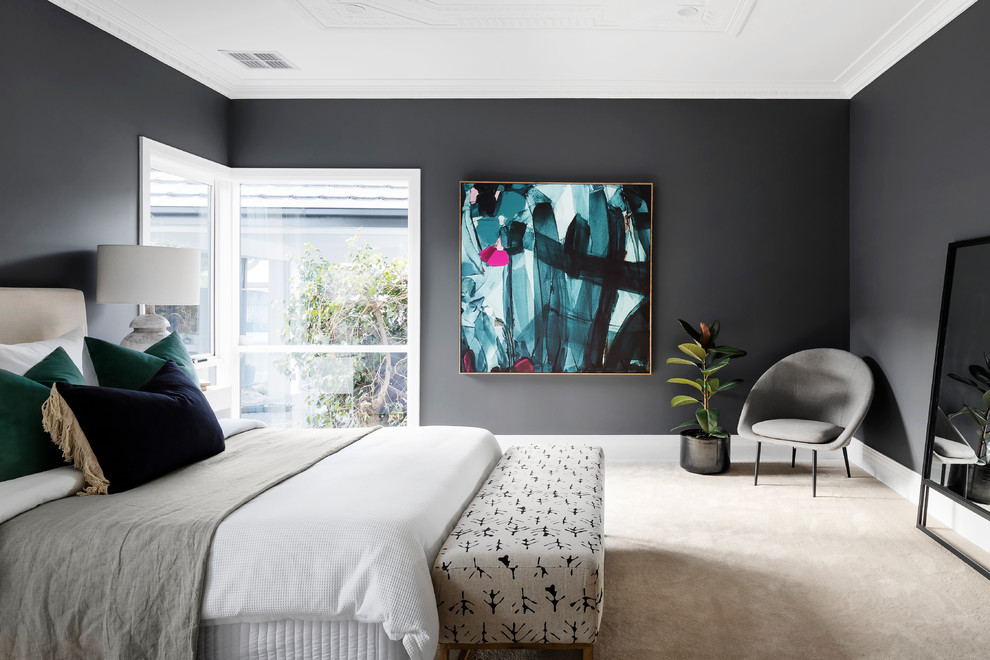 Contemporary bedroom in Melbourne with black walls, carpet and beige floor.
