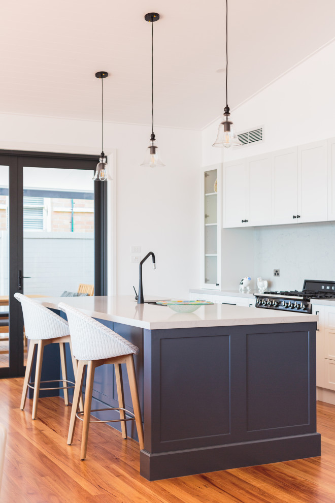 Design ideas for a large beach style galley open plan kitchen in Newcastle - Maitland with shaker cabinets and with island.