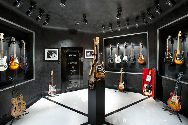 Music Room - Guitar Display - Mediterranean - Home Theater 
