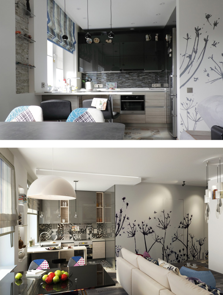 Фото реализованного объекта. Квартира «В». Гостиная - кухня - столовая. Вид на к