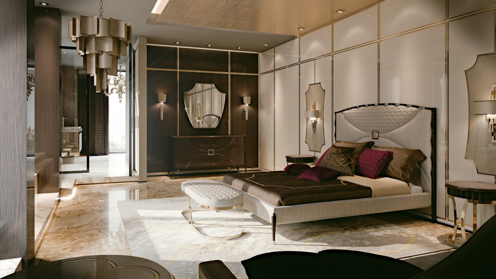 Aménagement d'une grande chambre contemporaine avec un mur beige, un sol en marbre, un sol beige et boiseries.