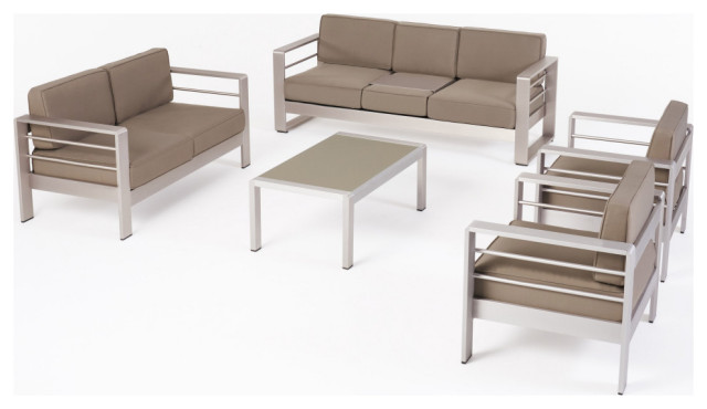 Macarthur Coral Outdoor 7 Seater Aluminum Patio Sofa Set With Coffee Table Contemporary Outdoor Lounge Sets By Gdfstudio Houzz