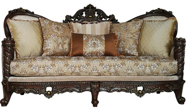 Traditional Style Wooden Sofa With 6 Pillows Brown