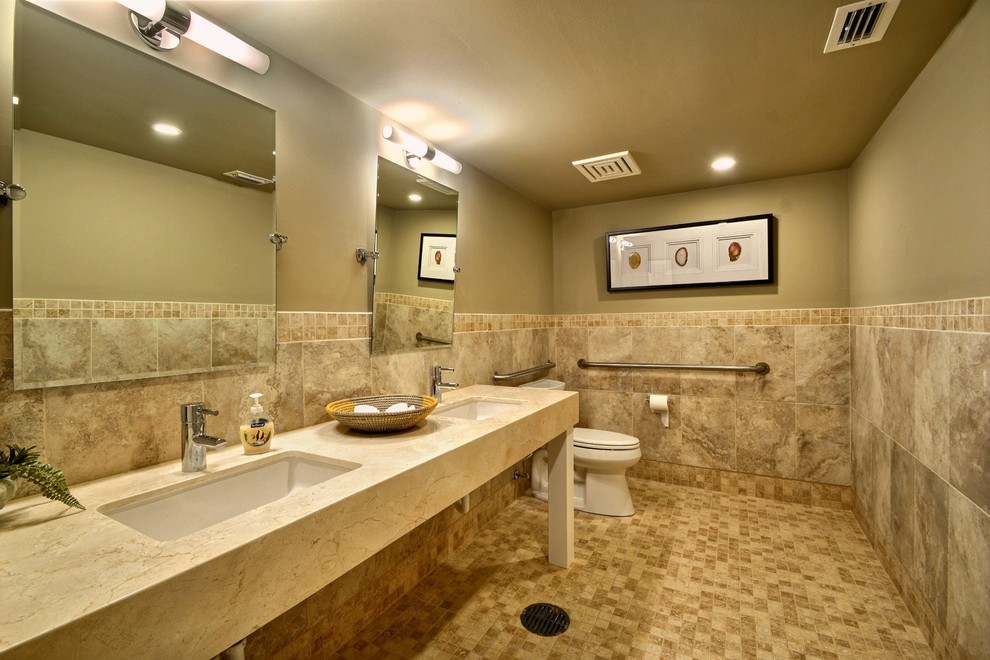 Photo of a large beach style master bathroom in Portland Maine with beige tile, brown tile, white tile, mosaic tile, brown walls, mosaic tile floors and engineered quartz benchtops.