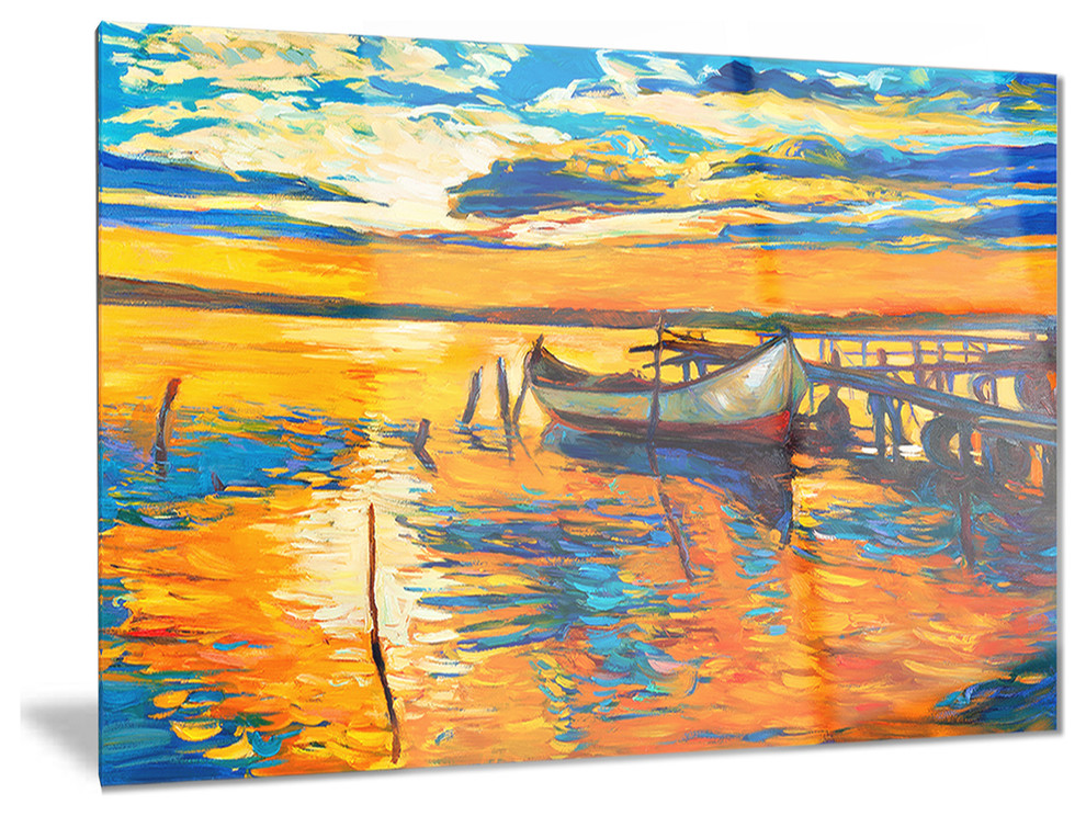 "Boat and Jetty at Sunset" Landscape Glossy Metal Wall Art, 28"x12"