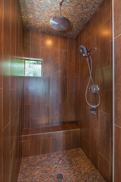 Master shower  wood  look  ceramic tile  Lake Travis 