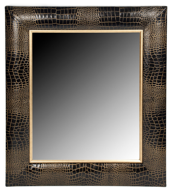 Black Croc Leather Framed Mirror With Hand Painted Gold Tipping Black Croc Leather Framed Mirror With Hand Painted Gold Tipping