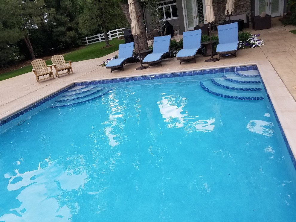 Inspiration for a large backyard rectangular pool remodel in Denver