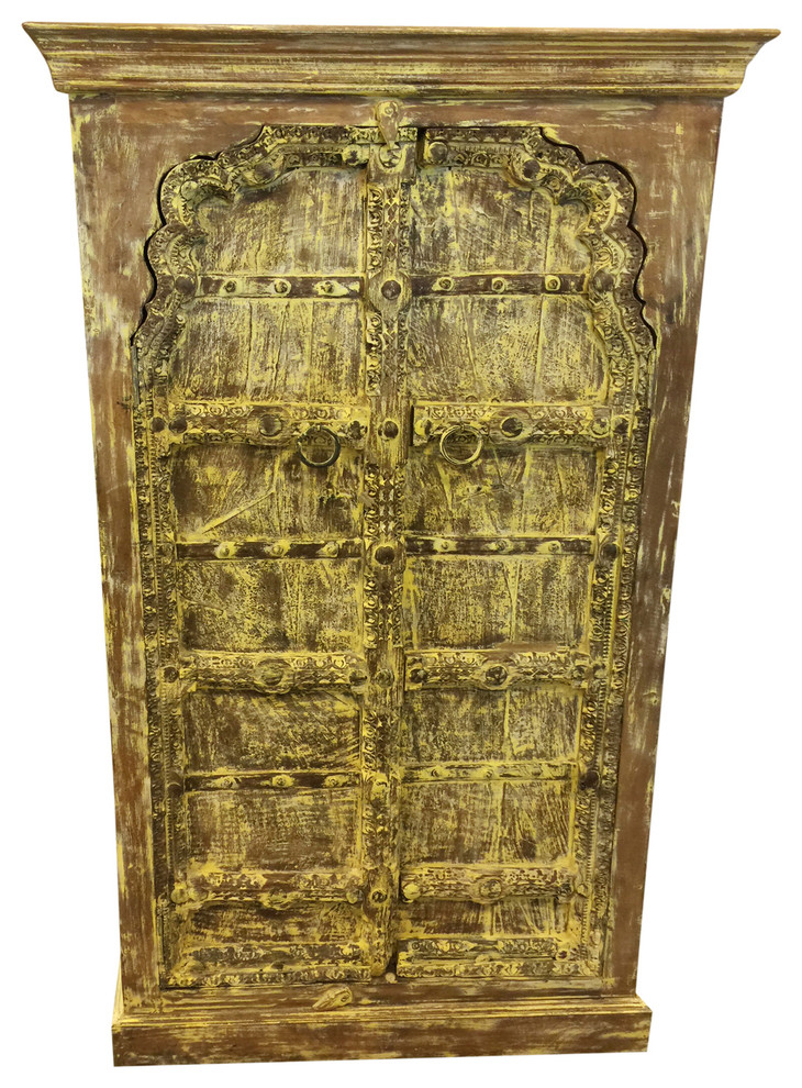 Consigned Antique Cabinet, Yellow Rustic Armoire, Mehrab Teak Doors Furniture