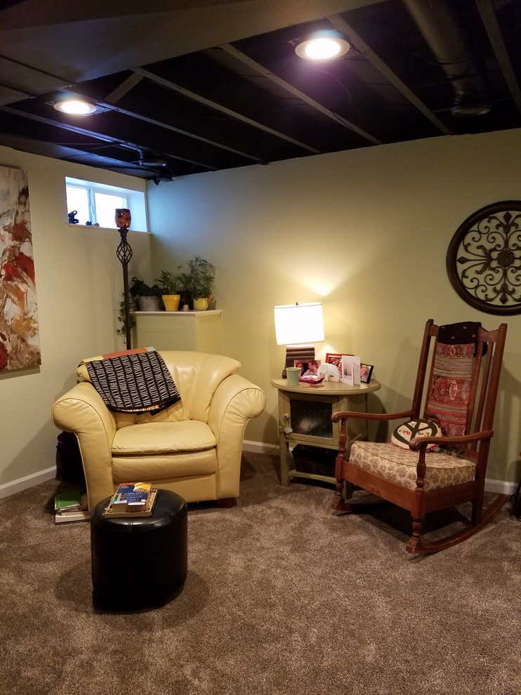 Photo of a mid-sized transitional look-out basement in Other with carpet and white walls.