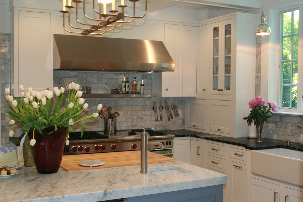 Inspiration for a traditional kitchen in New York with beaded inset cabinets and white cabinets.