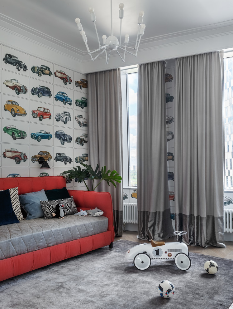 Design ideas for a mid-sized contemporary kids' room for boys in Moscow with multi-coloured walls.