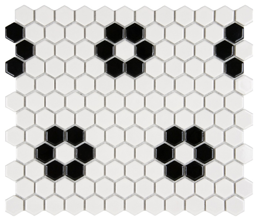 10.25"x11.75" Victorian Hex White and Black Mosaic Tiles, Set of 10, Glossy Whit