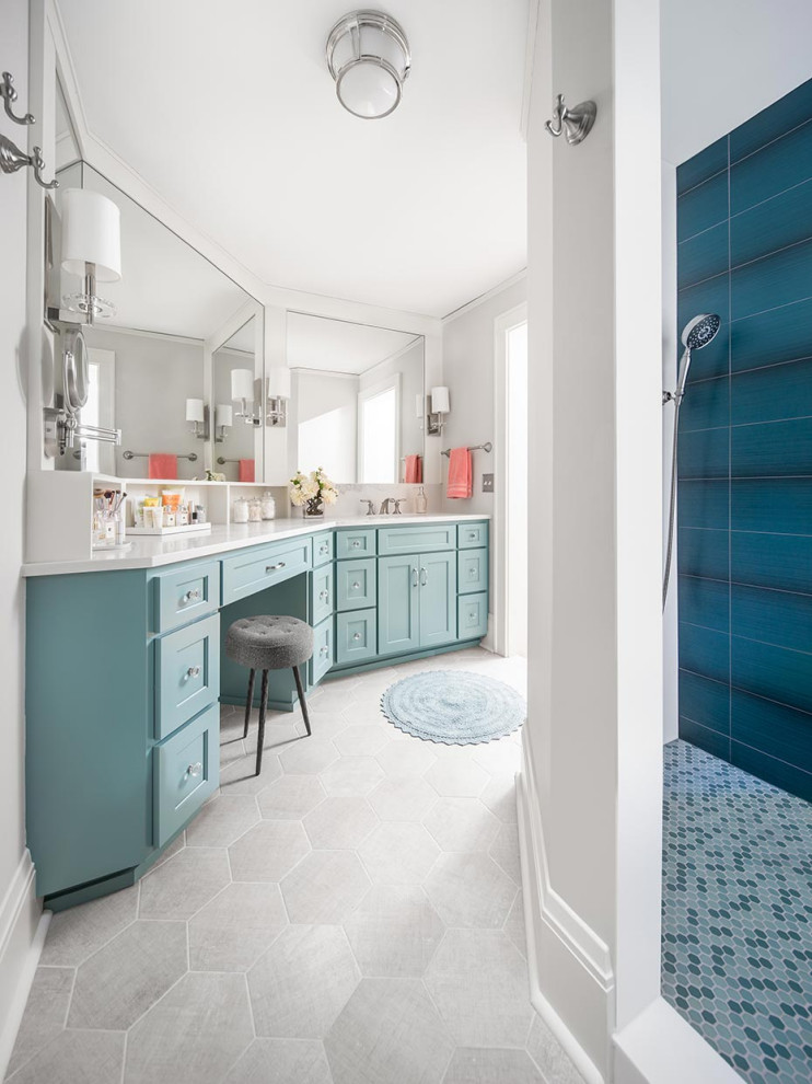 Mid-sized trendy master double-sink bathroom photo in Minneapolis with shaker cabinets, quartz countertops, a built-in vanity, an undermount sink and white countertops