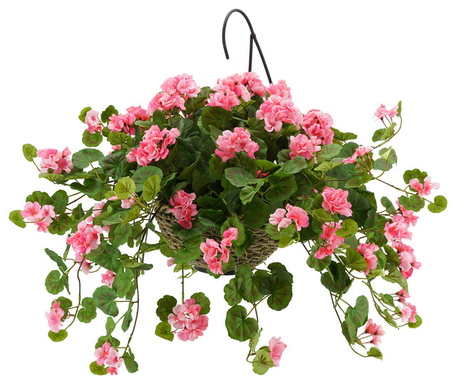 Artificial Pink Geranium in Handle Hanging Basket, Reed