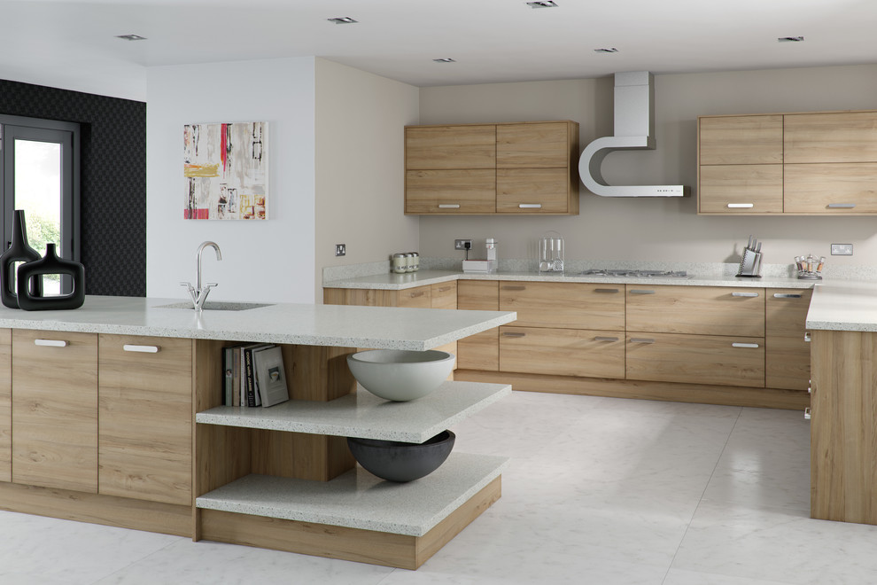 This is an example of a contemporary u-shaped kitchen in West Midlands with an undermount sink, flat-panel cabinets, light wood cabinets and with island.