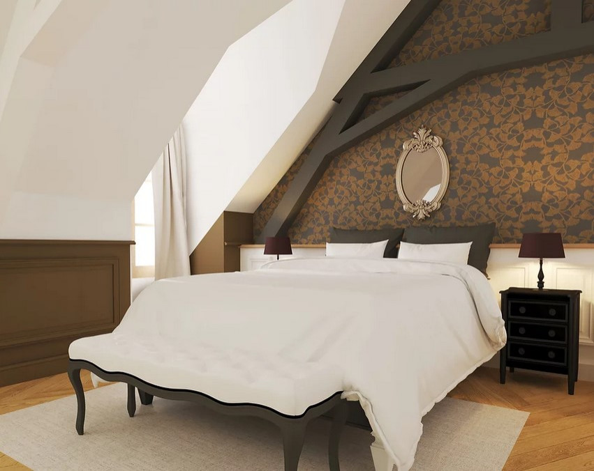 Inspiration för ett vintage sovloft, med gula väggar och ljust trägolv