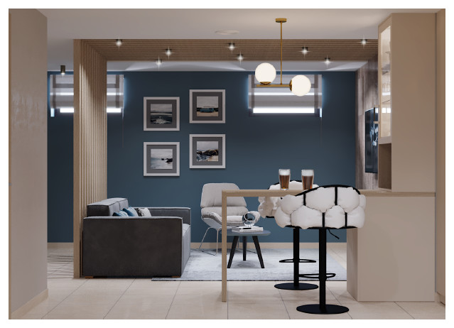 Дизайн проект загородного дома - 1 этаж - зона сауны и комнаты отдыха с баром