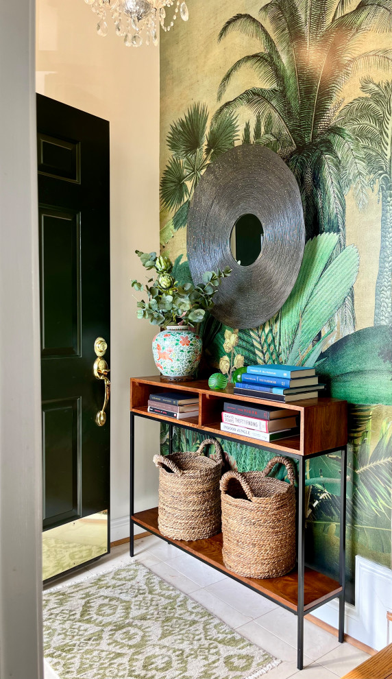 Mid-sized transitional marble floor, beige floor and wallpaper foyer photo in DC Metro with multicolored walls and a green front door