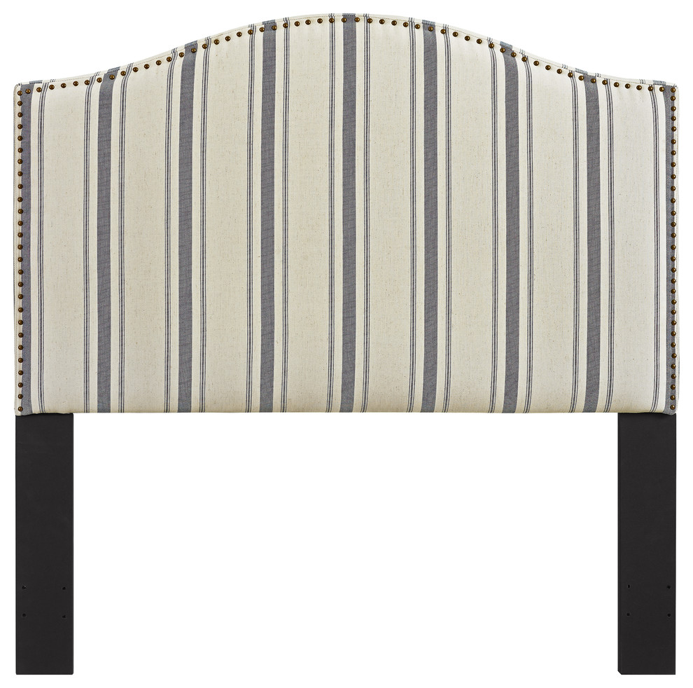Upholstered Camelback King Panel Headboard, Cambridge Blue Stripe