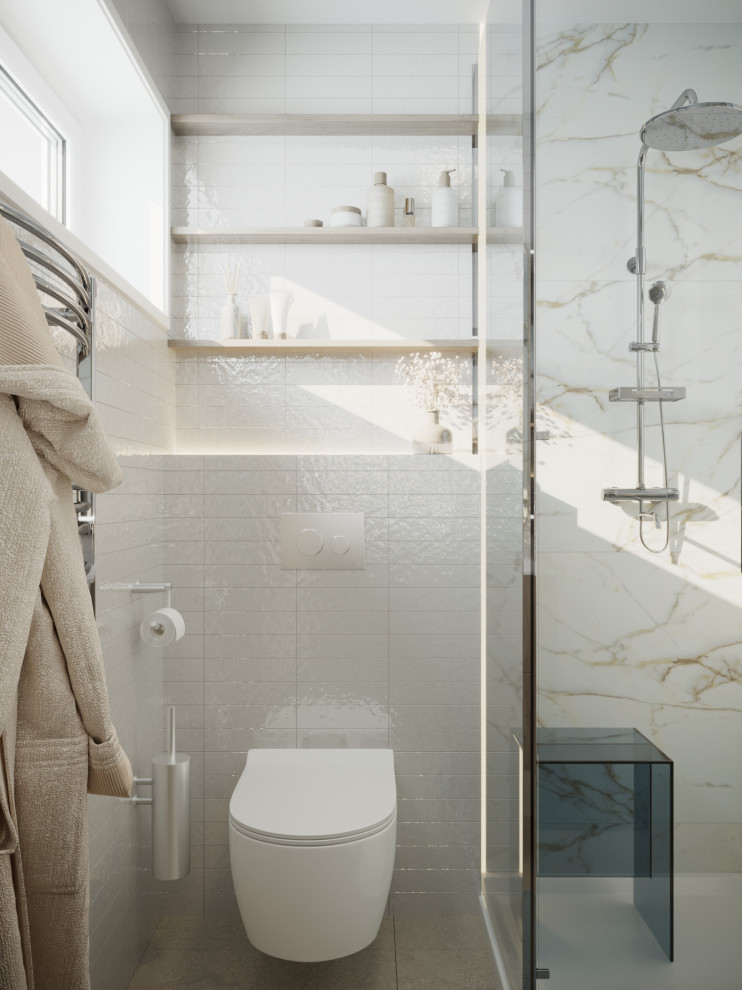 Esempio di una piccola stanza da bagno con doccia contemporanea con ante marroni, doccia ad angolo, piastrelle bianche, piastrelle in ceramica, pareti bianche, pavimento con piastrelle in ceramica, pavimento beige e un lavabo