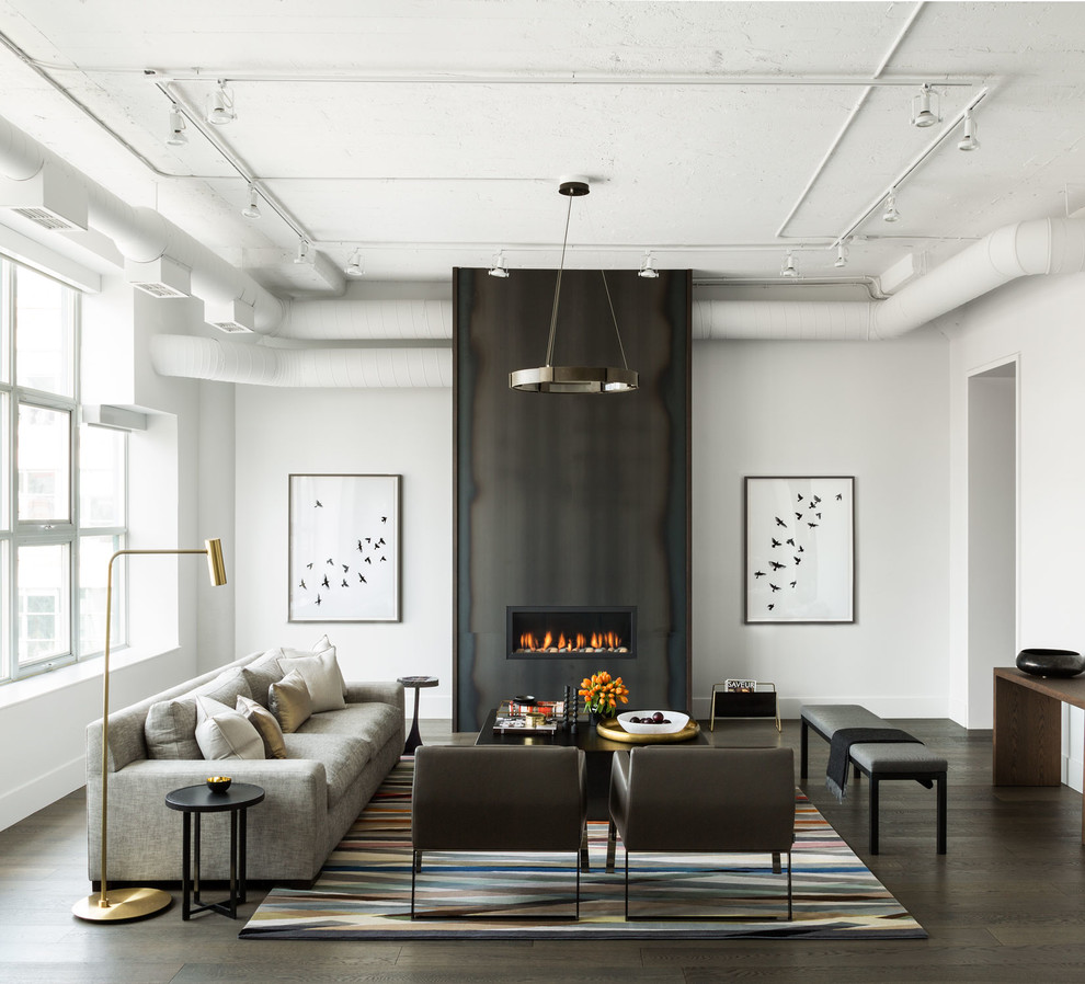 Living room - large transitional enclosed and formal dark wood floor and brown floor living room idea in Toronto with white walls, a ribbon fireplace, a metal fireplace and no tv