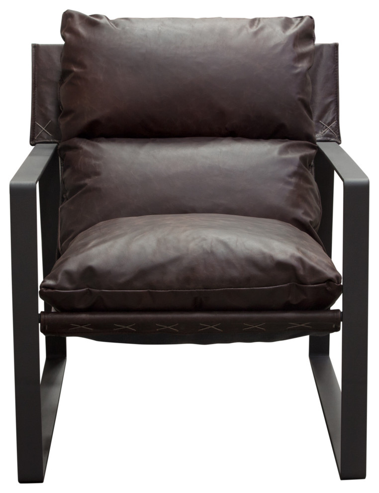 Sling Accent Chair in Genuine Chocolate Leather Black Powder Coated