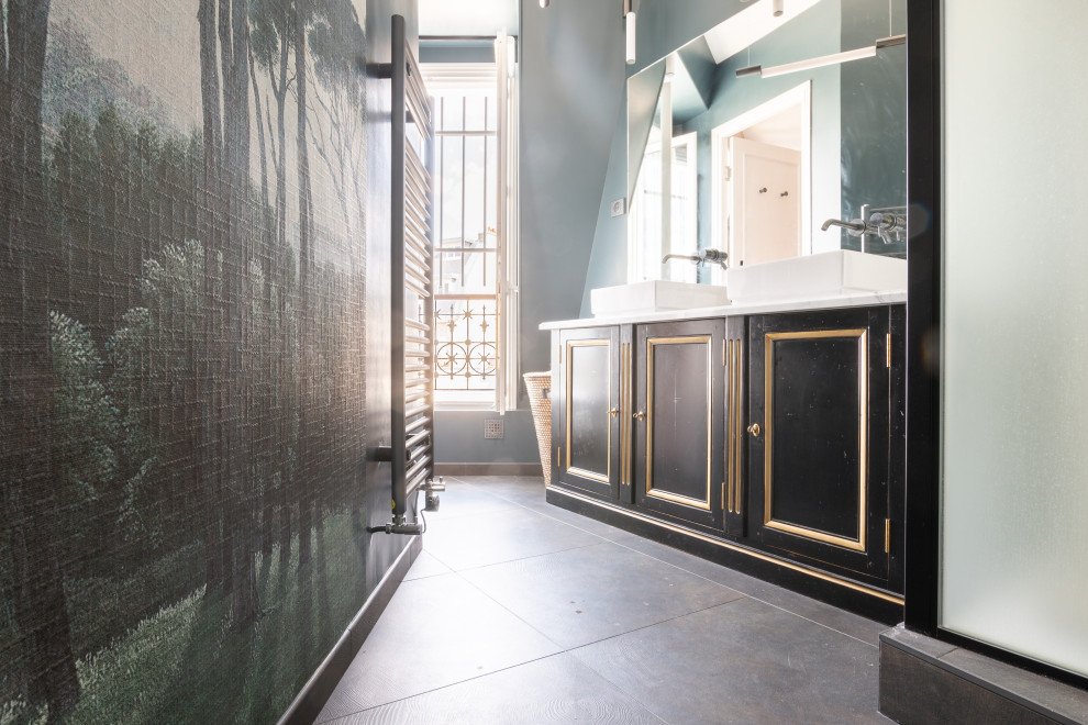 Design ideas for a mid-sized transitional 3/4 bathroom in Paris with a curbless shower, ceramic tile, green walls, wood-look tile, a vessel sink, marble benchtops, brown floor, a hinged shower door, white benchtops, a double vanity and wallpaper.
