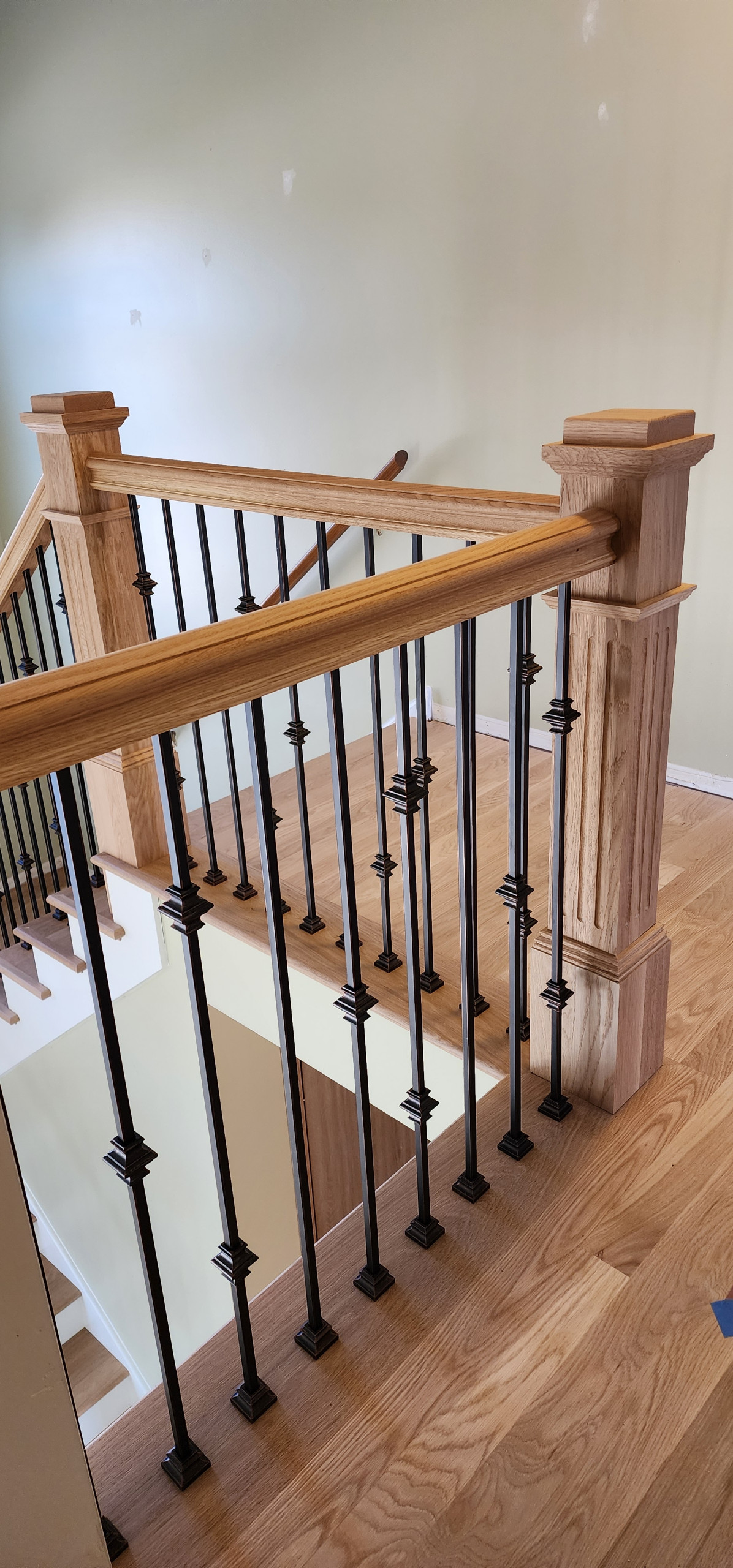 Opened Walls & Stringers, Box Newel White Oak Staircase with Iron