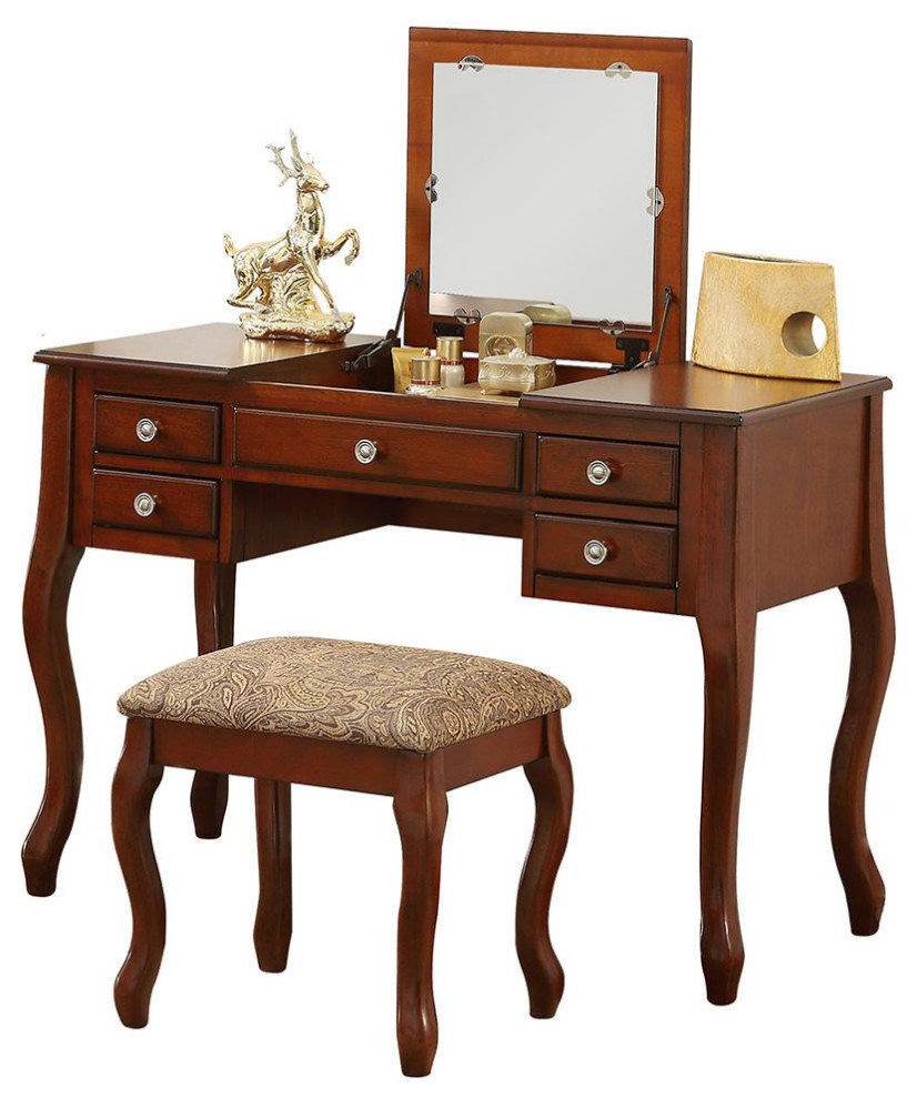 Poundex Wooden Makeup Vanity Set Desk, Mirror And Stool - Cherry, 43 W 