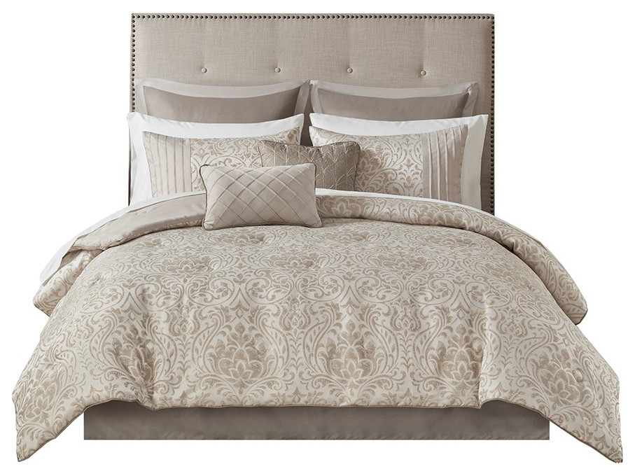 Madison Park Polyester Jaquard 12 Pcs Queen Comforter Set With Khaki