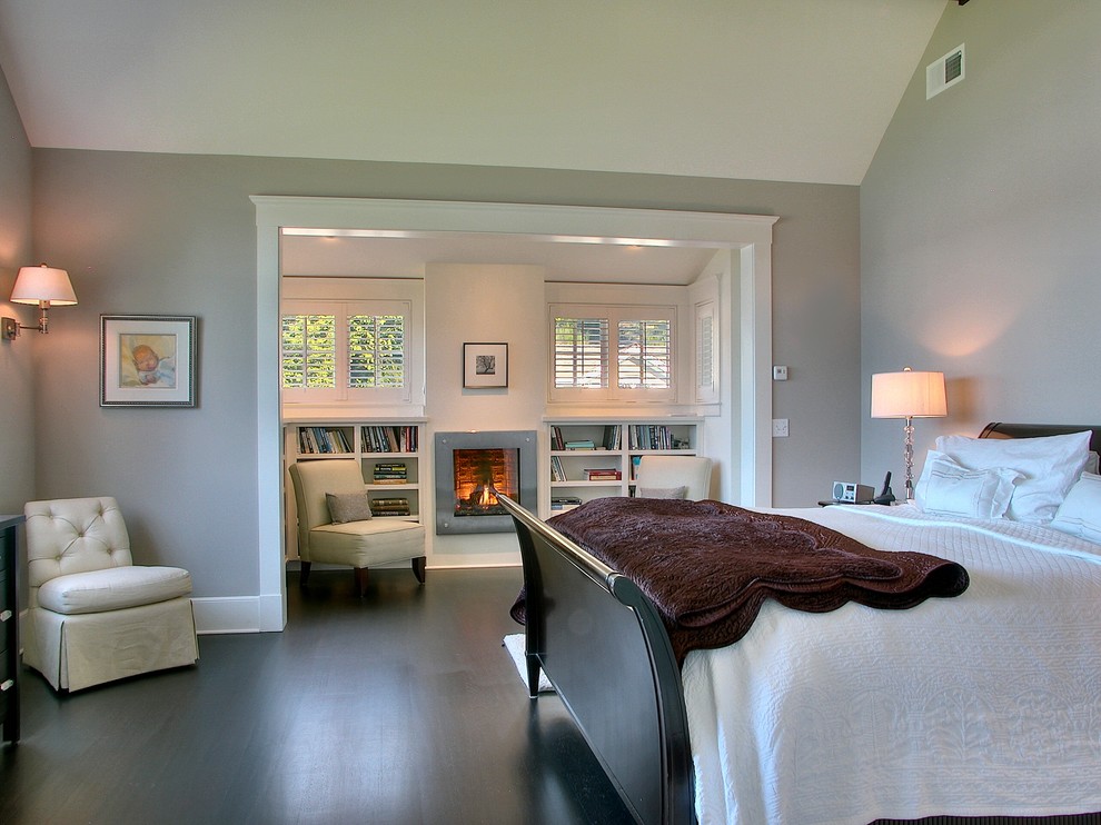Design ideas for a contemporary bedroom in Seattle with grey walls and dark hardwood floors.