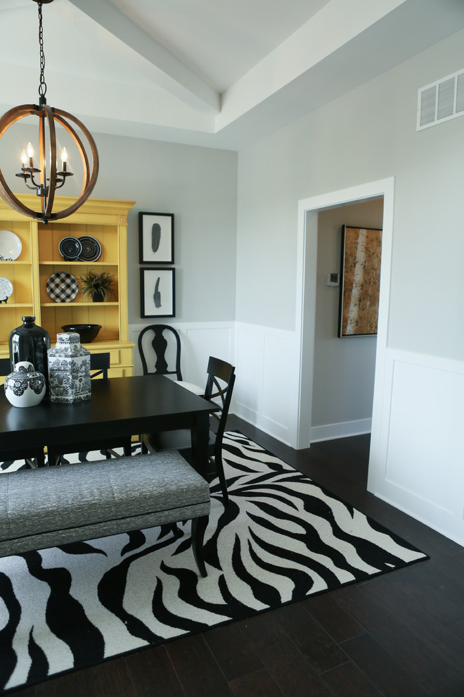 Home design - mid-sized transitional dark wood floor home design idea in Chicago with gray walls