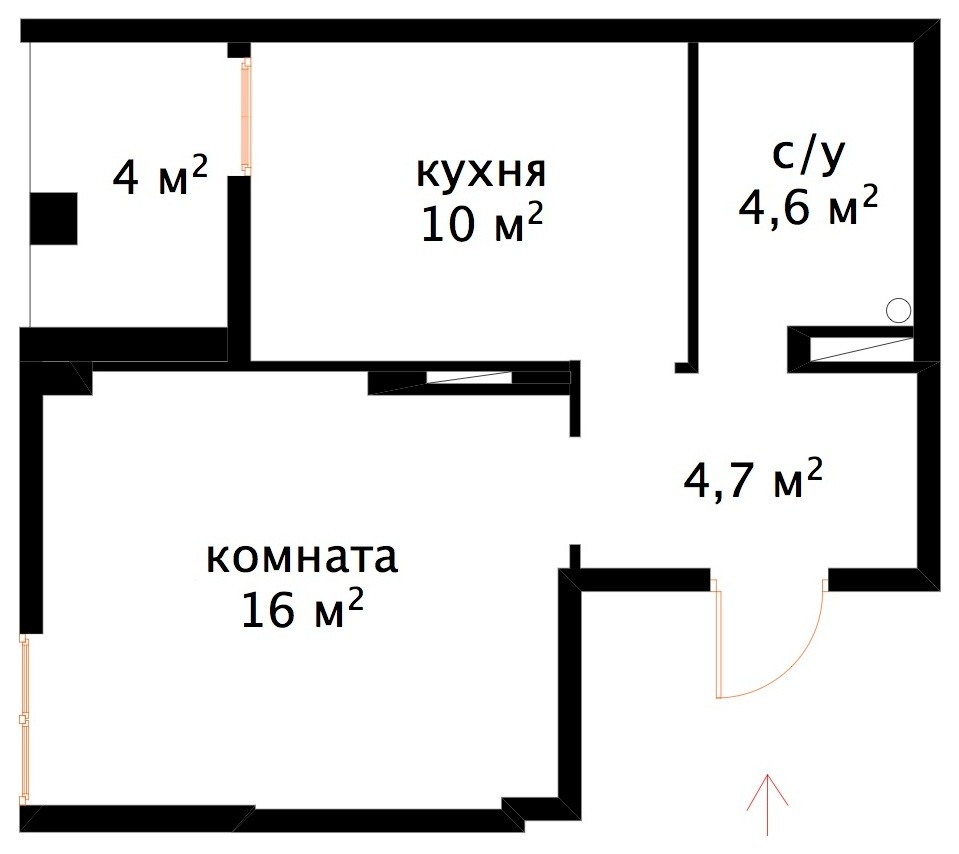 Однокомнатная квартира 40 м² (раздельная комната)