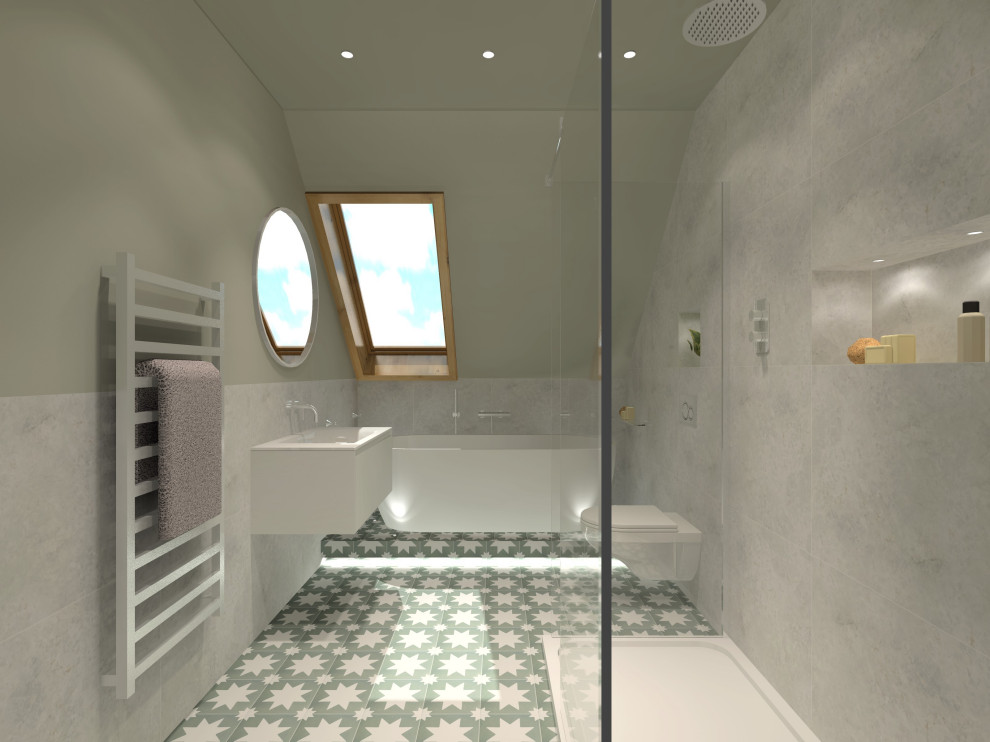 Идея дизайна: детская ванная комната среднего размера в современном стиле с плоскими фасадами, белыми фасадами, отдельно стоящей ванной, открытым душем, инсталляцией, серой плиткой, керамогранитной плиткой, зелеными стенами, полом из керамогранита, монолитной раковиной, столешницей из искусственного камня, зеленым полом, открытым душем, белой столешницей, нишей, тумбой под одну раковину, подвесной тумбой и сводчатым потолком