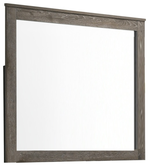 Rectangular Grained Wooden Frame Dresser Mirror, Brown and Silver