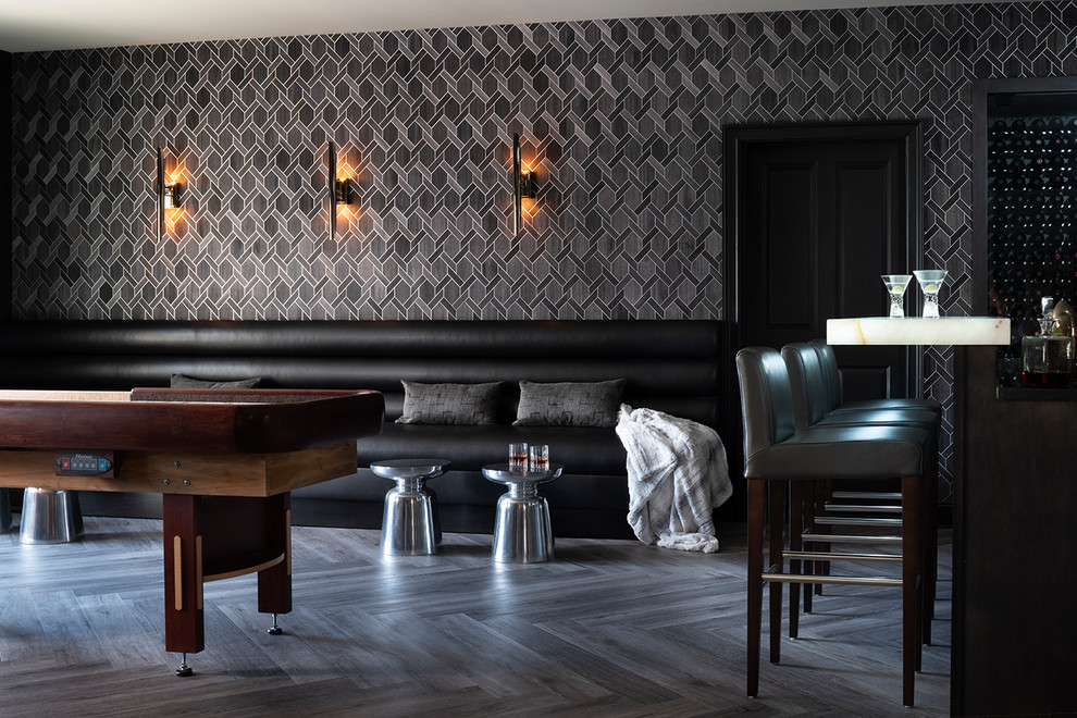 Photo of a modern home bar in Atlanta with vinyl floors and grey floor.