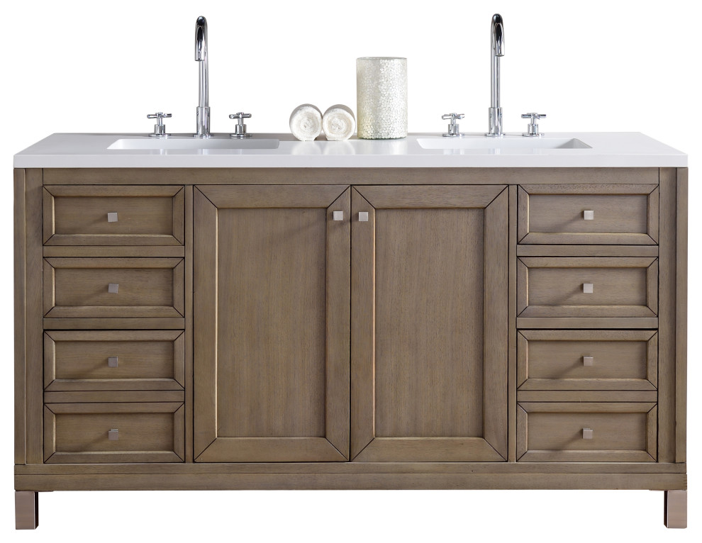 Chicago 60" Double Vanity Whitewashed Walnut, Classic White Quartz Top