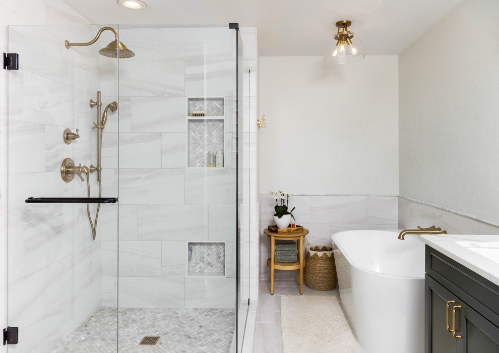 Inspiration for a medium sized contemporary ensuite bathroom in Atlanta with shaker cabinets, green cabinets, a freestanding bath, a two-piece toilet, porcelain tiles, porcelain flooring, a submerged sink, engineered stone worktops, a hinged door, a wall niche, double sinks and a built in vanity unit.