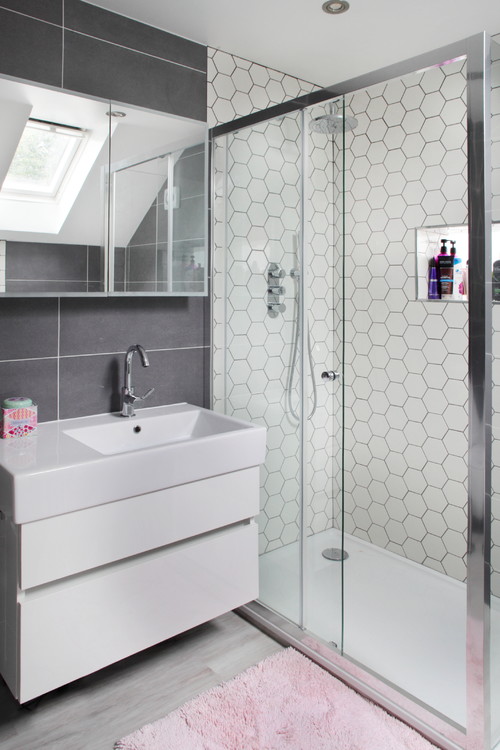 Contrasting Sophistication: White Hexagon Tile Bathroom
