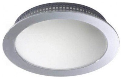 Example of a 5 inch high and 15 to 19 inch minimalist frosted glass 1-light flush-mount ceiling light design with a white shade