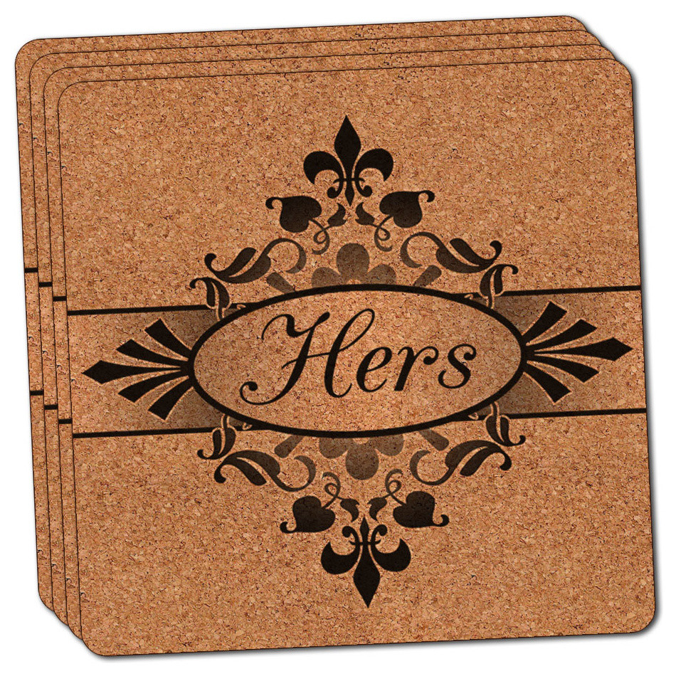 Hers on Floral Pattern Bride Woman Mrs Wife Thin Cork Coaster Set of 4